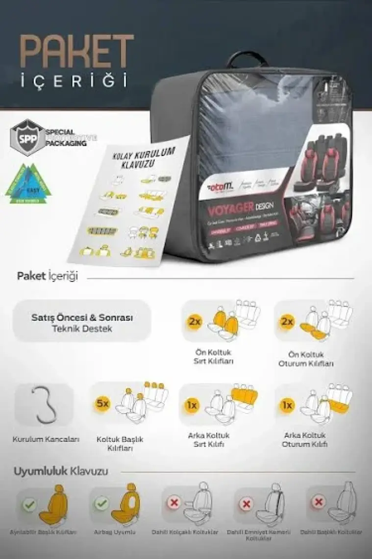 Otom Voyager Design Boyun ve Bel Destekli  Deri-Keten Ultra Konforlu Universal Oto Koltuk Kılıfı Tam Set