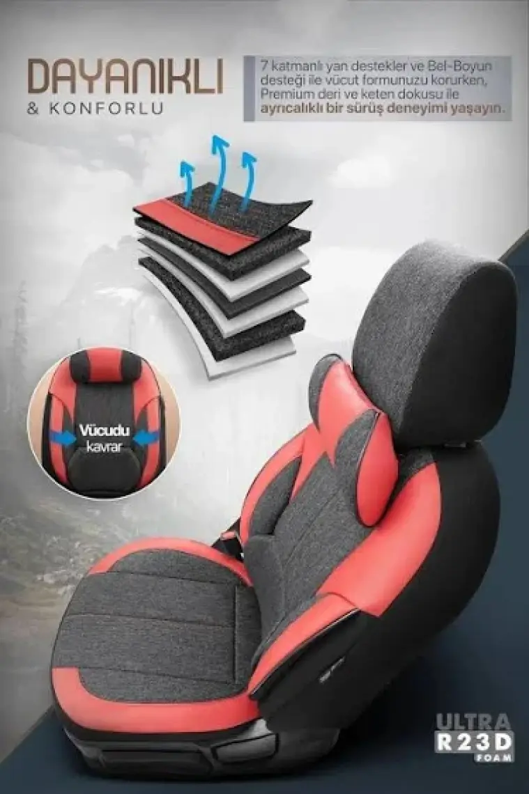 Otom Voyager Design Boyun ve Bel Destekli  Deri-Keten Ultra Konforlu Universal Oto Koltuk Kılıfı Tam Set