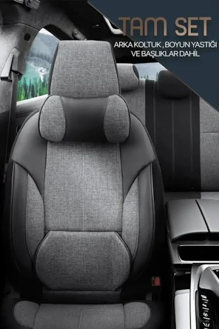 Otom Voyager Design Boyun ve Bel Destekli  Deri-Keten Ultra Konforlu Universal Oto Koltuk Kılıfı Tam Set