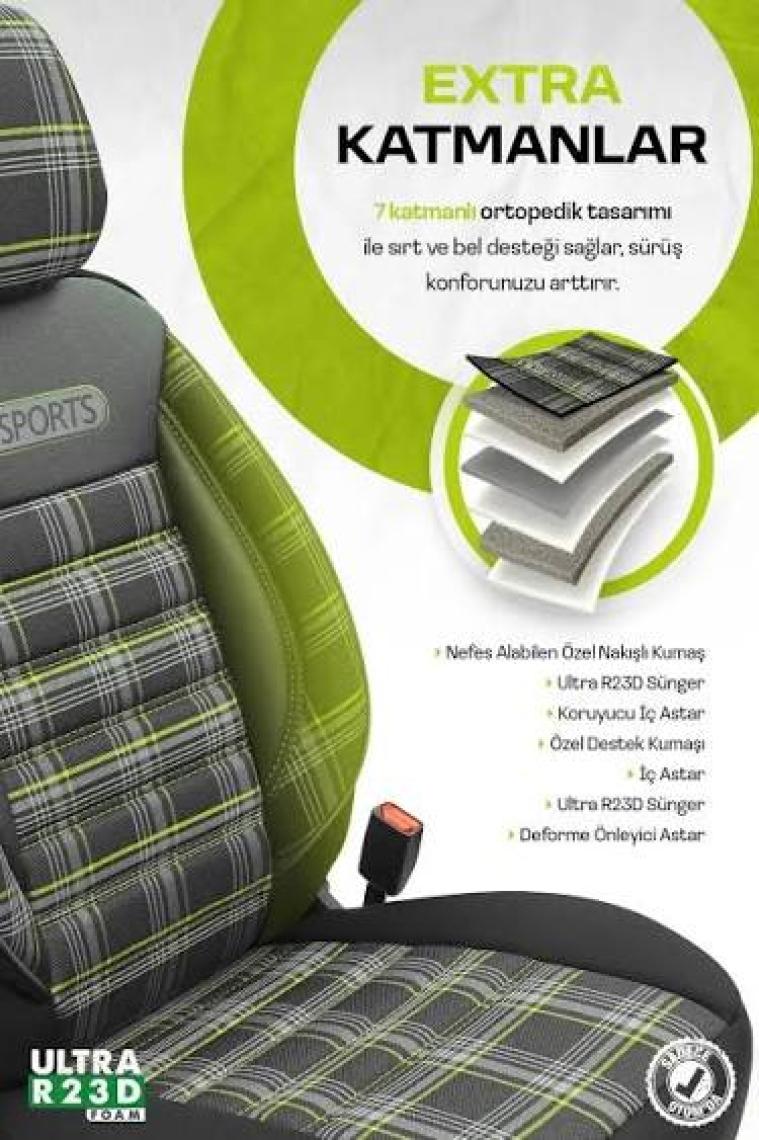Otom Gti Sports Design Airbag Dikişli Ekstra Destekli Özel Jacquard Kumaş Oto Koltuk Kılıfı Yeşil-Siyah