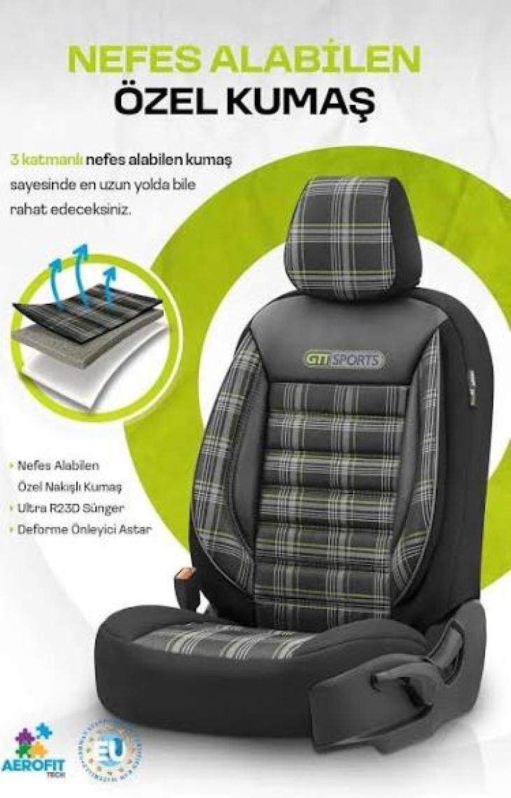 Otom Gti Sports Design Airbag Dikişli Ekstra Destekli Özel Jacquard Kumaş Oto Koltuk Kılıfı Yeşil-Siyah