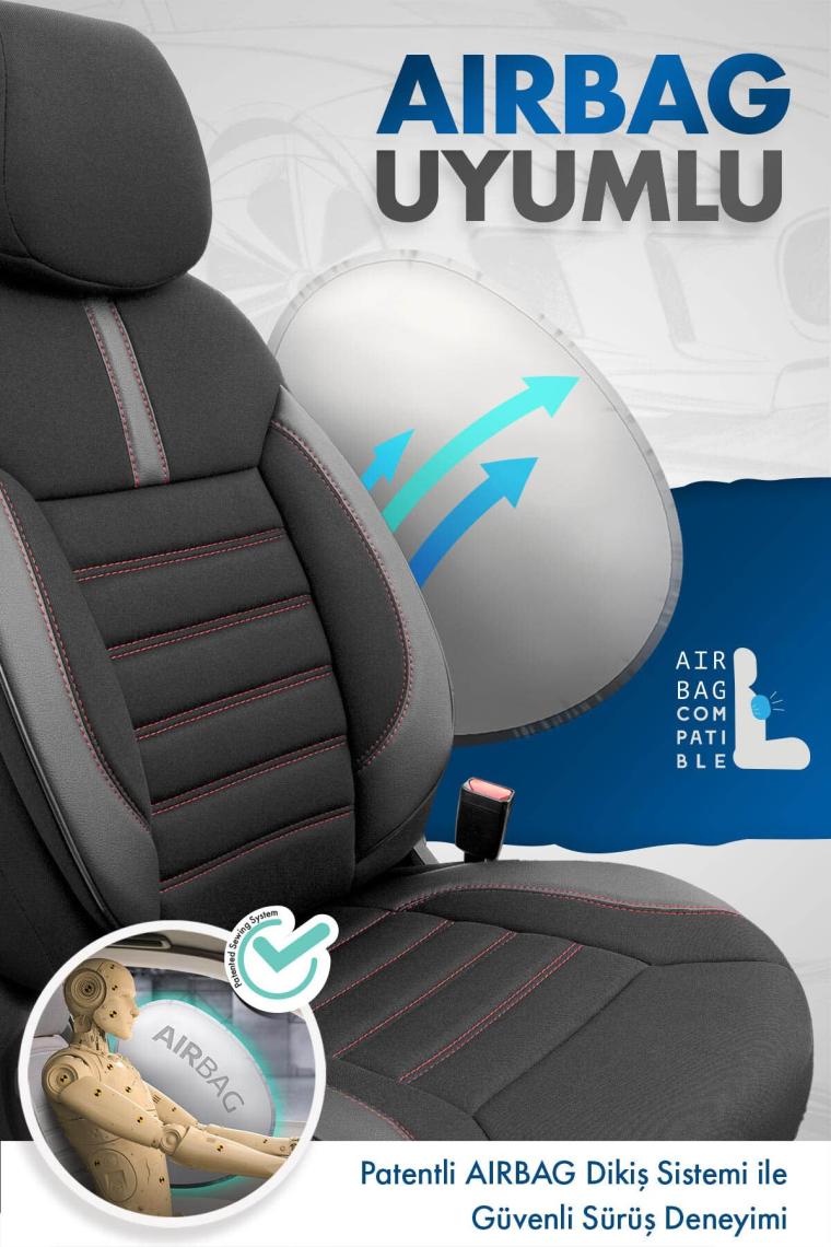 Otom Limited Design Airbag Dikişli Ekstra Destekli Oto Koltuk Kılıfı Tam Set Siyah - Kırmızı