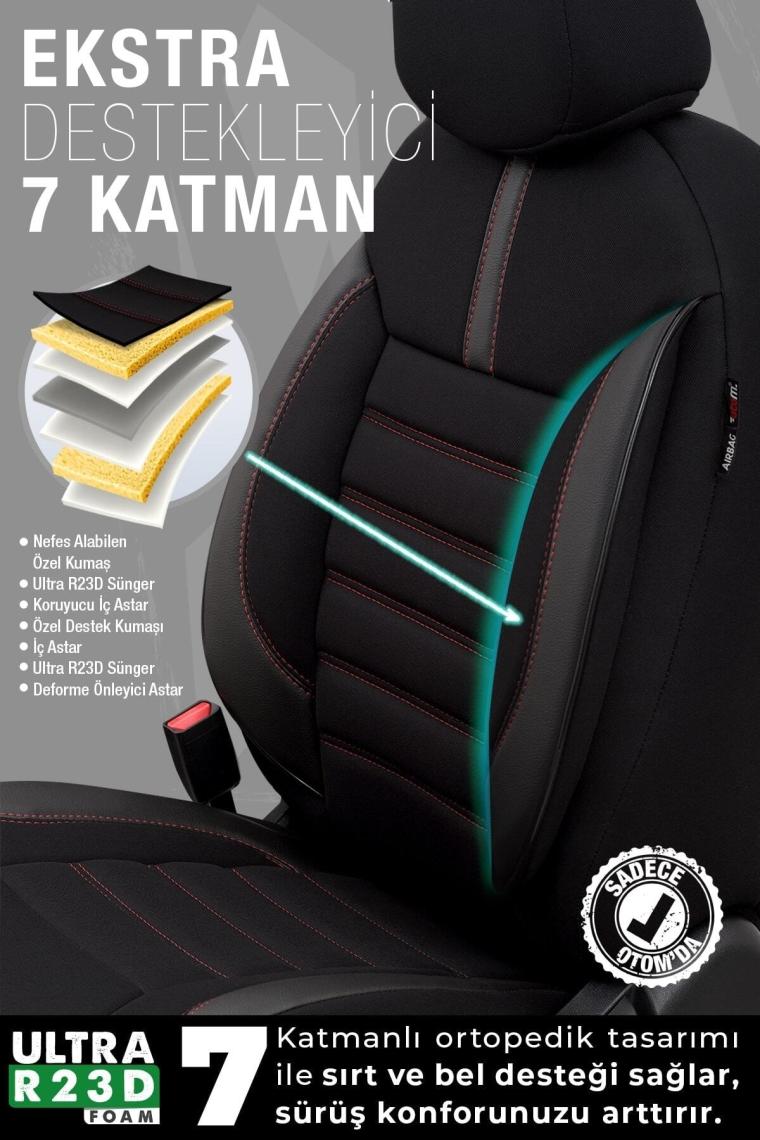 Otom Limited Design Airbag Dikişli Ekstra Destekli Oto Koltuk Kılıfı Tam Set Siyah - Kırmızı
