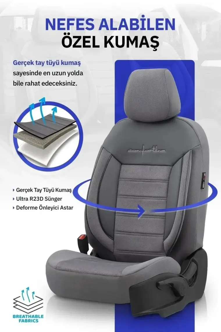 Otom Comfortline Design Airbag Dikişli Ekstra Destekli Gerçek Taytüyü Süet Premium Oto Koltuk Kılıfı Bej