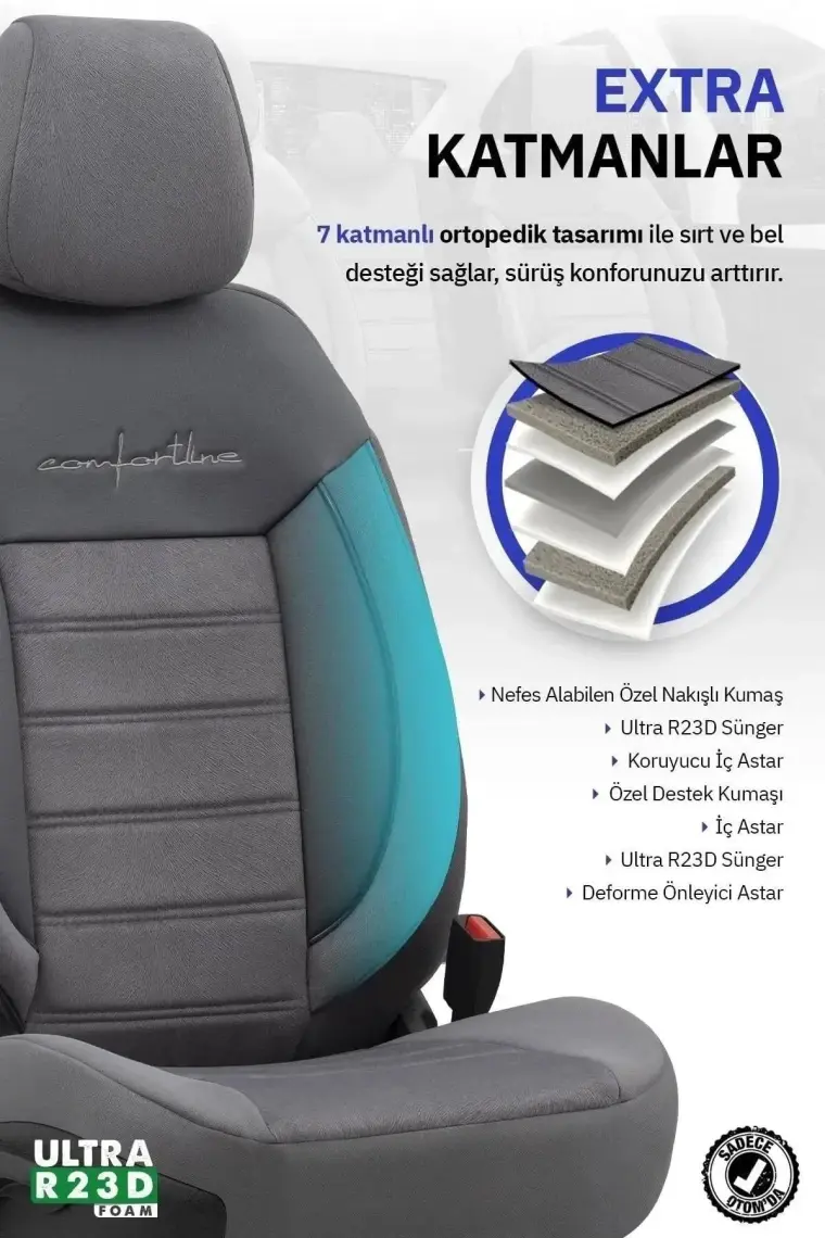 Otom Comfortline Design Airbag Dikişli Ekstra Destekli Gerçek Taytüyü Süet Premium Oto Koltuk Kılıfı Bej