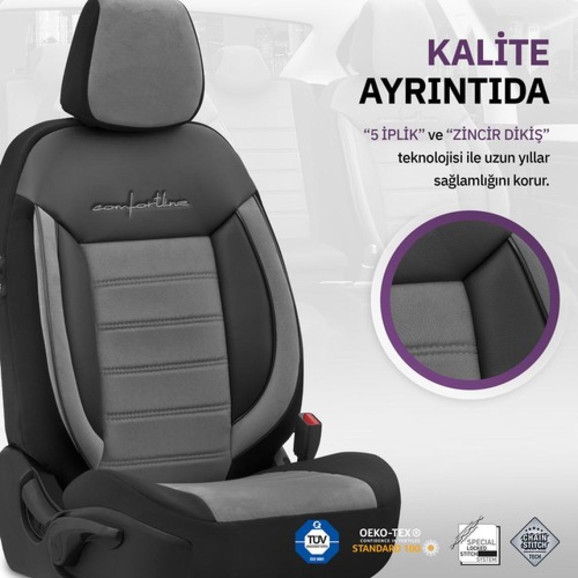 Otom Comfortline Design Airbag Dikişli Ekstra Destekli Gerçek Taytüyü Süet Premium Oto Koltuk Kılıfı Gri-Siyah