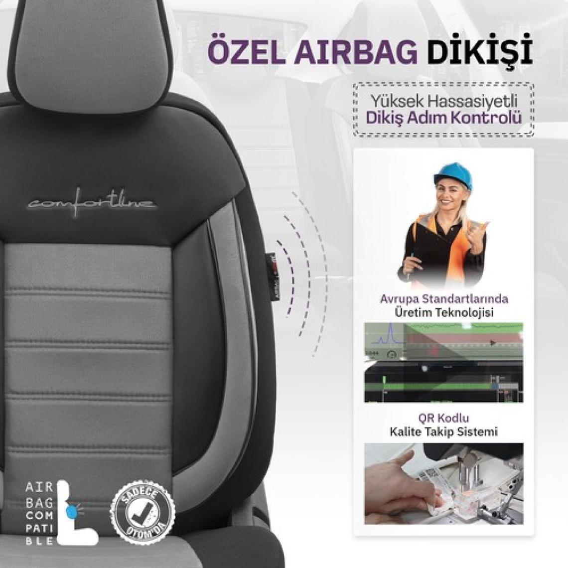 Otom Comfortline Design Airbag Dikişli Ekstra Destekli Gerçek Taytüyü Süet Premium Oto Koltuk Kılıfı Gri-Siyah