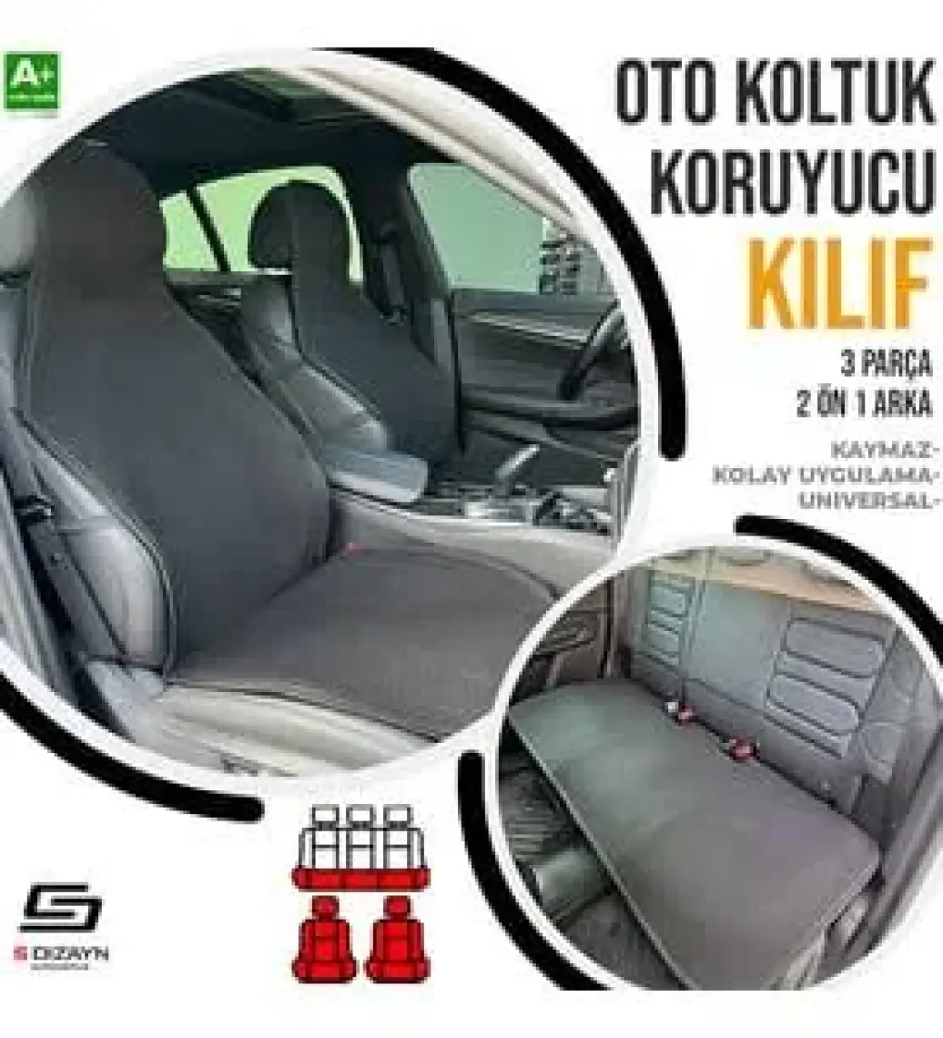 S-Dizayn Oto Koltuk Koruyucu Kılıf Siyah Universal 2+1 Parça Ön Arka A+ Kalite