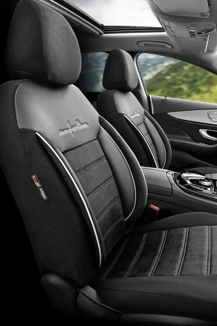 Otom Comfortline Design Airbag Dikişli Ekstra Destekli Gerçek Taytüyü Süet Premium Oto Koltuk Kılıfı Beyaz-Siyah