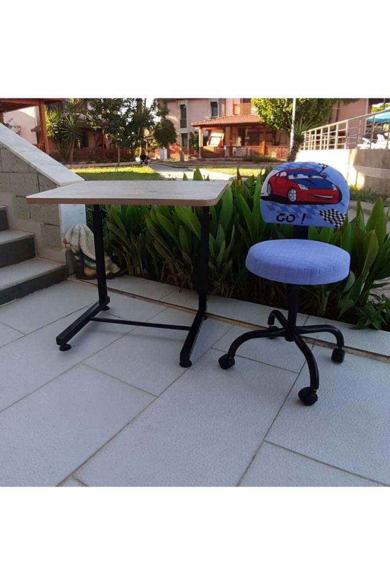 Depolife Ralli Araba Desenli Çocuk Odası Için Ders Çalışma Koltuk ve Masa Seti Tekerlekli Sandalye ve Sehpa
