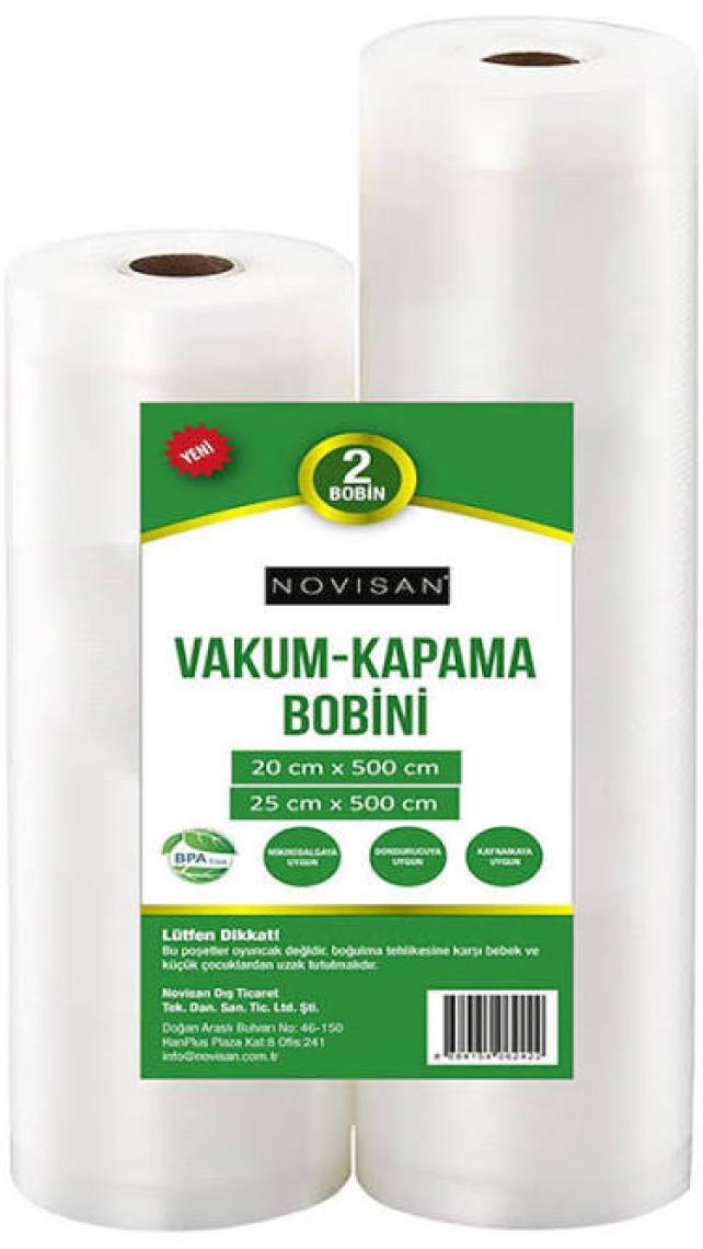 Novisan 1 Adet 20CMX500CM ve 1 Adet 25X500CM 2 Bobinli Karma Paket Vakum Kapama Bobini Gofrajlı Tırtıklı Ev Tipi Vakum Makinası Poşeti
