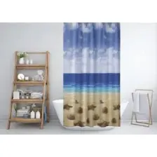 Tropik Home Kahverengi Banyo Perdesi-Deniz ve Kum Manzara Desen Duş Perdesi, Tek Kanat Banyo Duş Perdesi