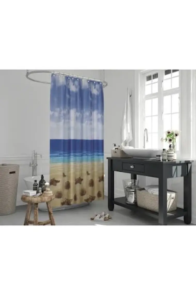 Tropik Home Kahverengi Banyo Perdesi-Deniz ve Kum Manzara Desen Duş Perdesi, Tek Kanat Banyo Duş Perdesi