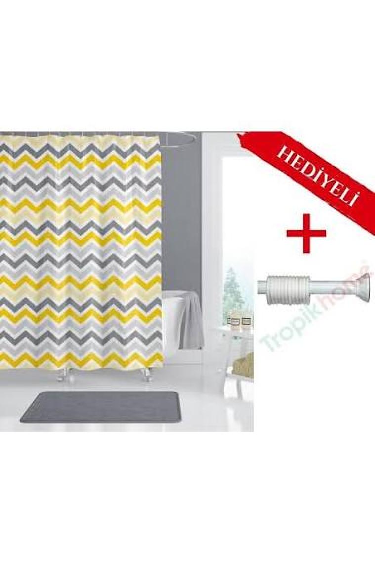 Tropik Home Sarı Banyo Perdesi Askı Hediyeli 180X200CM Tek Kanat Duş Perdesi, Renkli Banyo Duş Perdesi