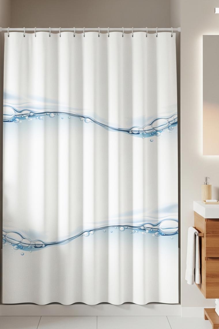 Tropik Home Su Damlası Baloncuk Desenli Dijital Baskılı Solma Yapmaz Su Geçirmez Polyester Kumaş Banyo Perdesi