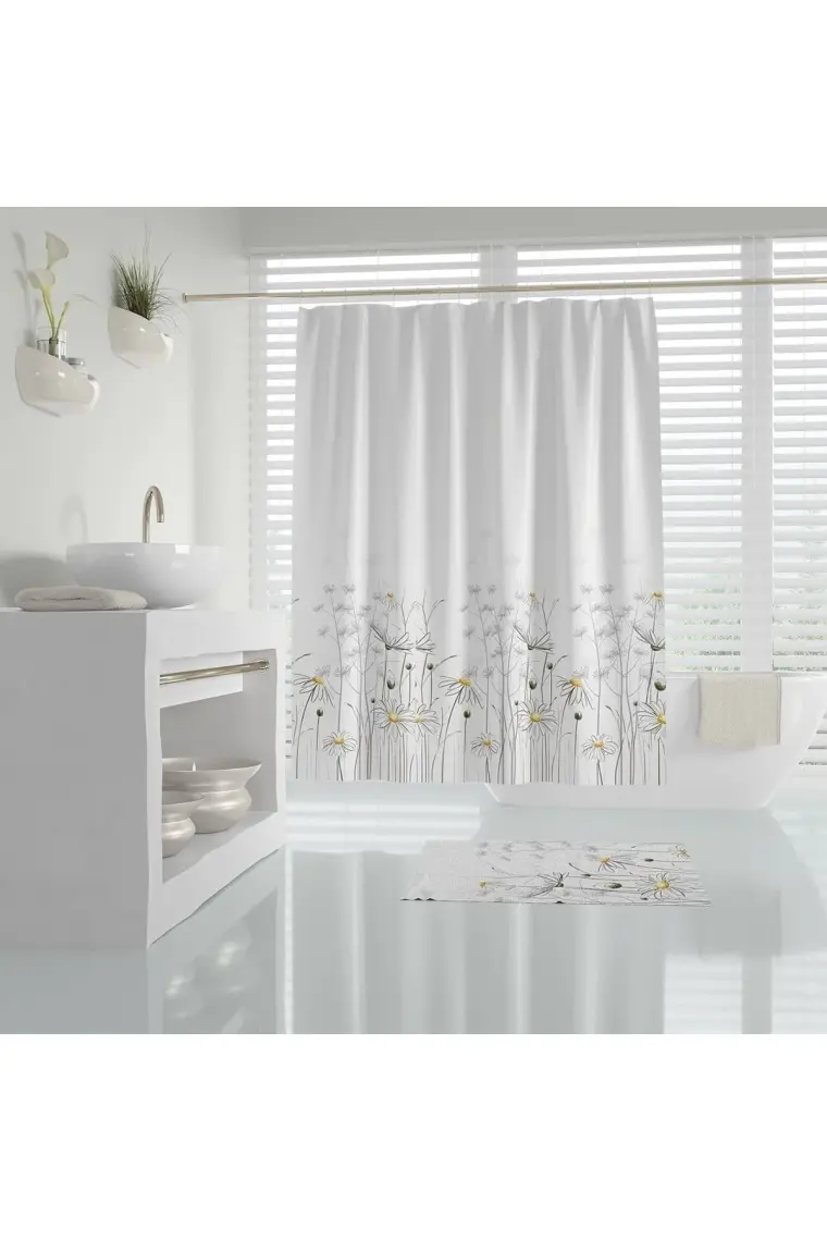 Tropik Home Papatya Desenli Duş Perdesi, Çiçekli Banyo Perdesi 12 Adet C Halka Hediyeli Küvet Perdesi 180x200cm