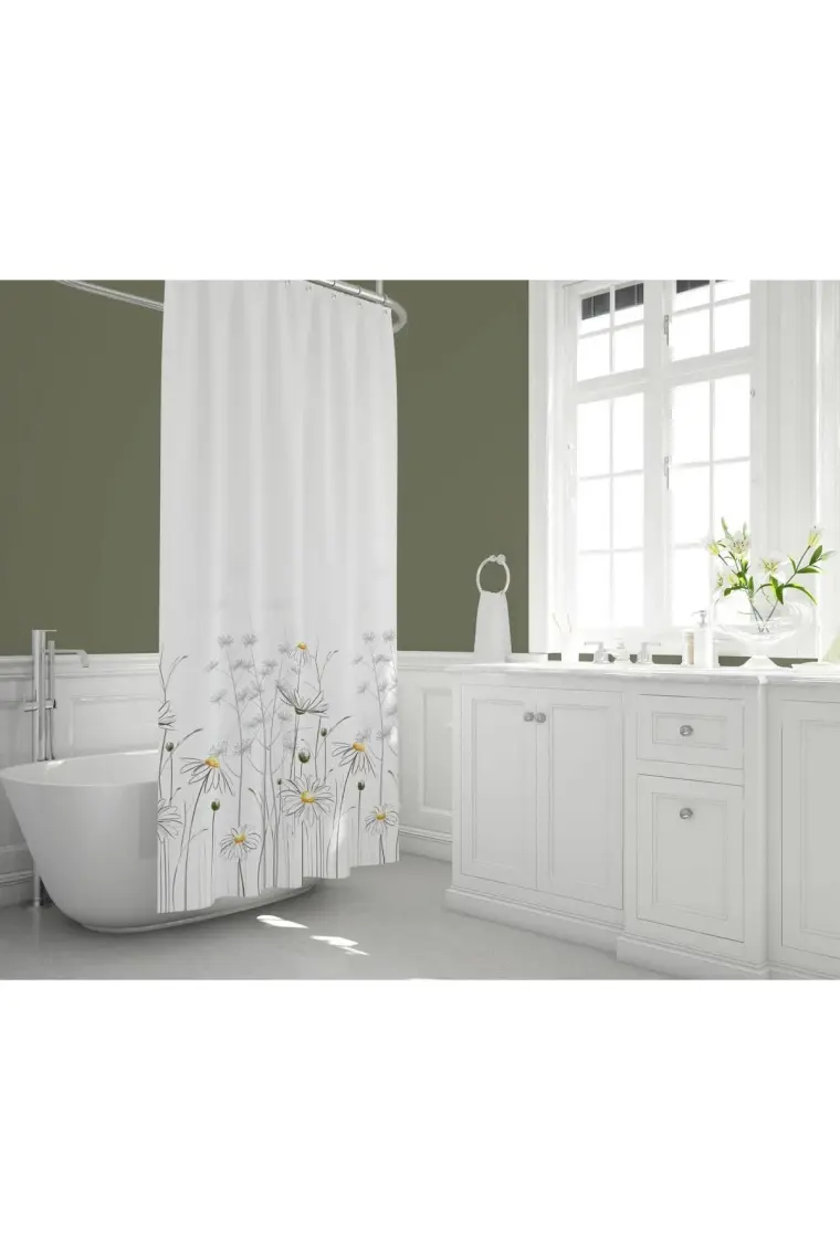 Tropik Home Papatya Desenli Duş Perdesi, Çiçekli Banyo Perdesi 12 Adet C Halka Hediyeli Küvet Perdesi 180x200cm