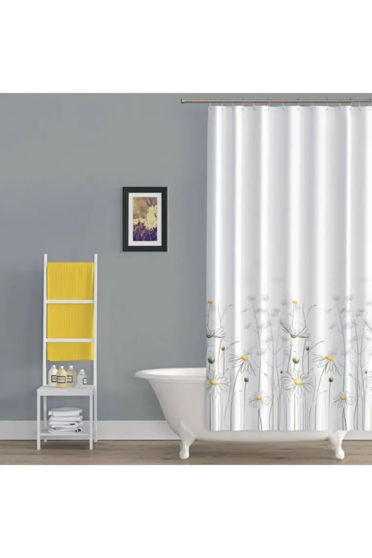 Tropik Home Papatya Desenli Duş Perdesi, Çiçekli Banyo Perdesi 12 Adet C Halka Hediyeli Küvet Perdesi 180x200cm