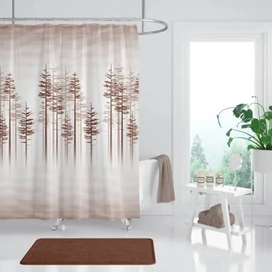 Tropik Home Ağaç Desen Banyo Perdesi, Kahverengi Duş Perdesi-Banyo Dekorasyon Perdesi-Lüx Küvet Perdesi