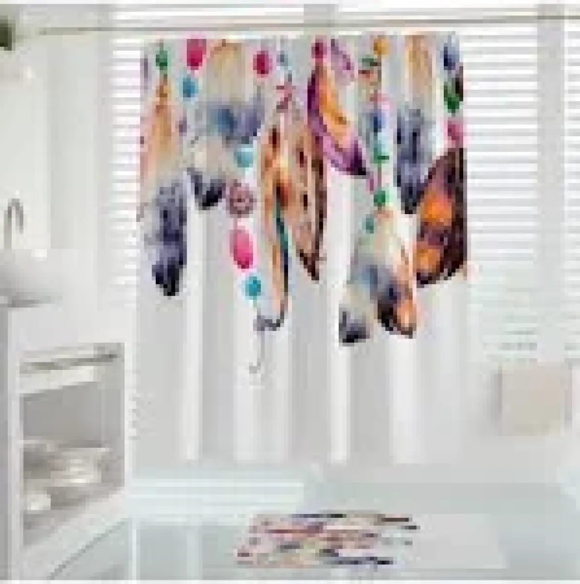 Tropik Home Renkli Tüy Desen Banyo Duş Perdesı-180x200cm Duşakabin Perdesi, Tek Kanat Dream Catcher Duş Perde