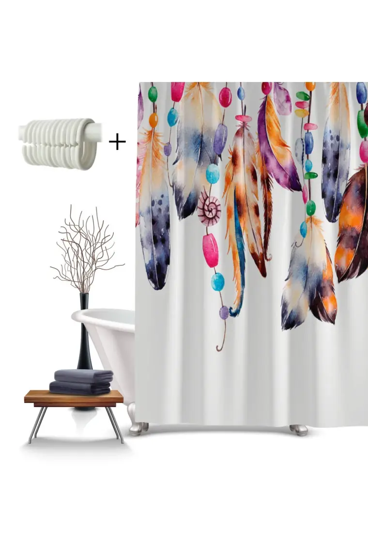 Tropik Home Renkli Tüy Desen Banyo Duş Perdesı-180x200cm Duşakabin Perdesi, Tek Kanat Dream Catcher Duş Perde
