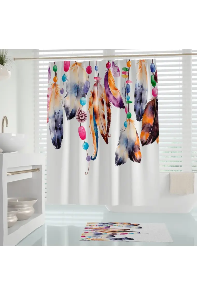 Tropik Home Renkli Tüy Desen Banyo Duş Perdesı-180x200cm Duşakabin Perdesi, Tek Kanat Dream Catcher Duş Perde