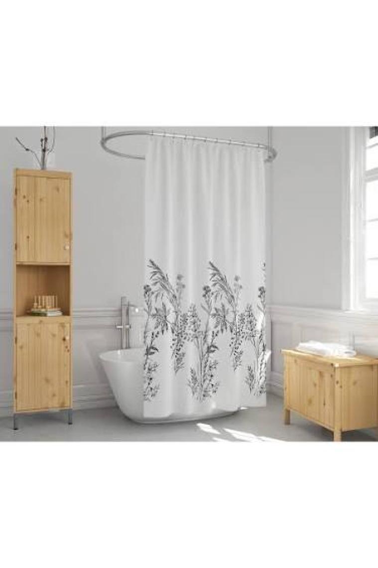 Tropik Home Duş Perdesi Çift Kanat 2X120X200CM Funda Desenli Banyo Perdesi 16 Adet C Halka Hediyeli