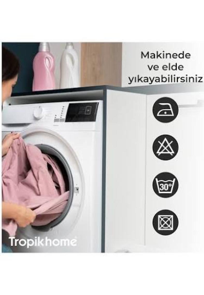 Tropik Home Duş Perdesi Çift Kanat 2X120X200CM Funda Desenli Banyo Perdesi 16 Adet C Halka Hediyeli