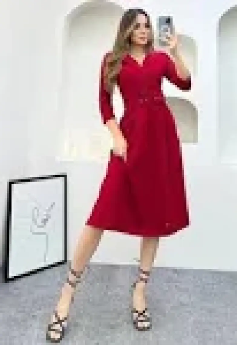 Neşeli Butik Kadını Gömlek Yaka Kemerli Örme Elbise NB0016