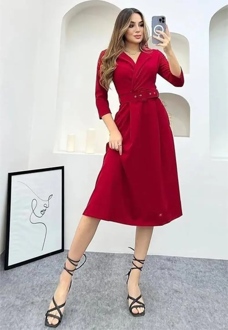 Neşeli Butik Kadını Gömlek Yaka Kemerli Örme Elbise NB0016