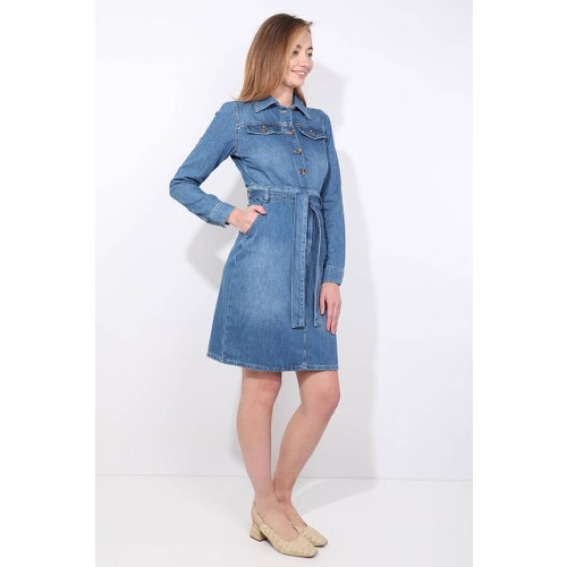 Blue White Kadın Mavi Blue White Kemerli Uzun Kollu Jean Elbise