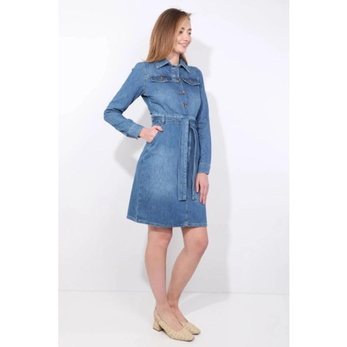 Blue White Kadın Mavi Blue White Kemerli Uzun Kollu Jean Elbise