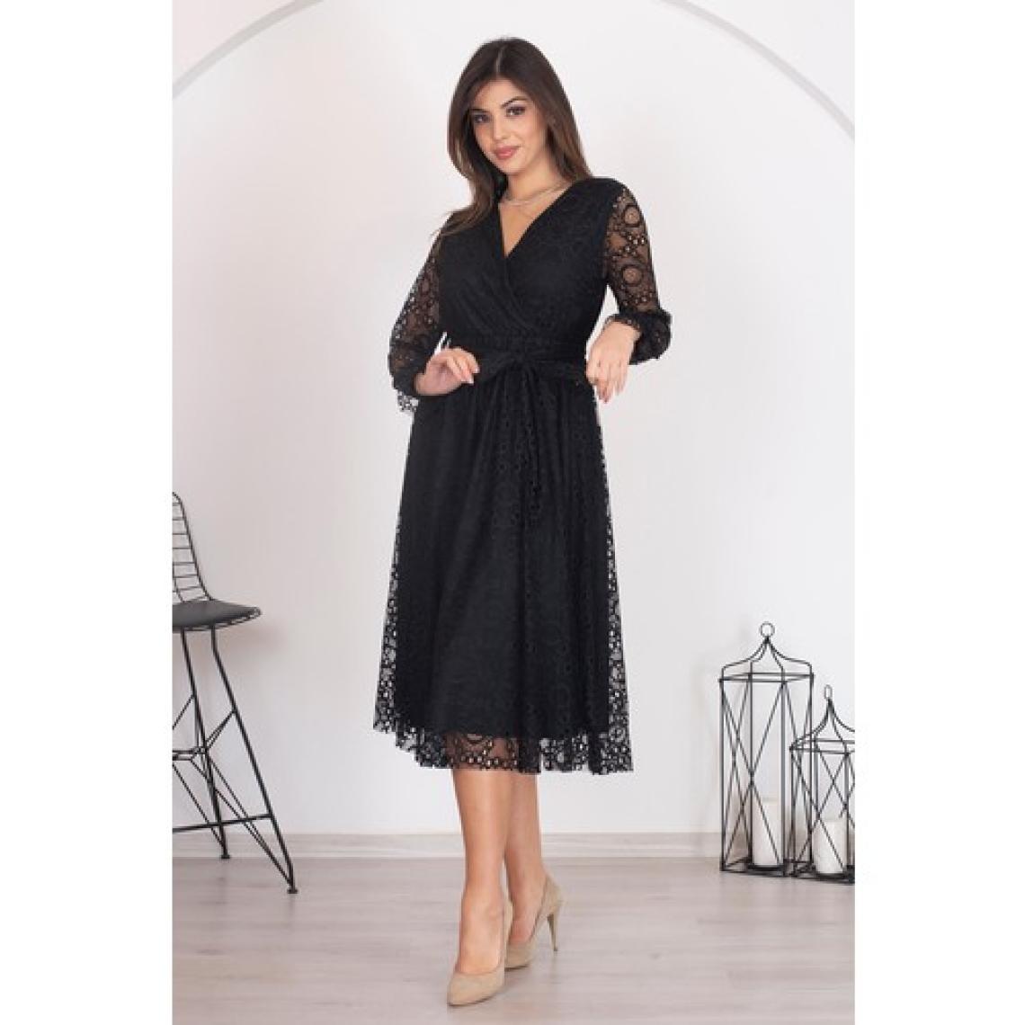 Neşeli Butik Kadın Siyah Kuşaklı Kruvaze Yaka Astarlı Dantel Elbise RSSN31
