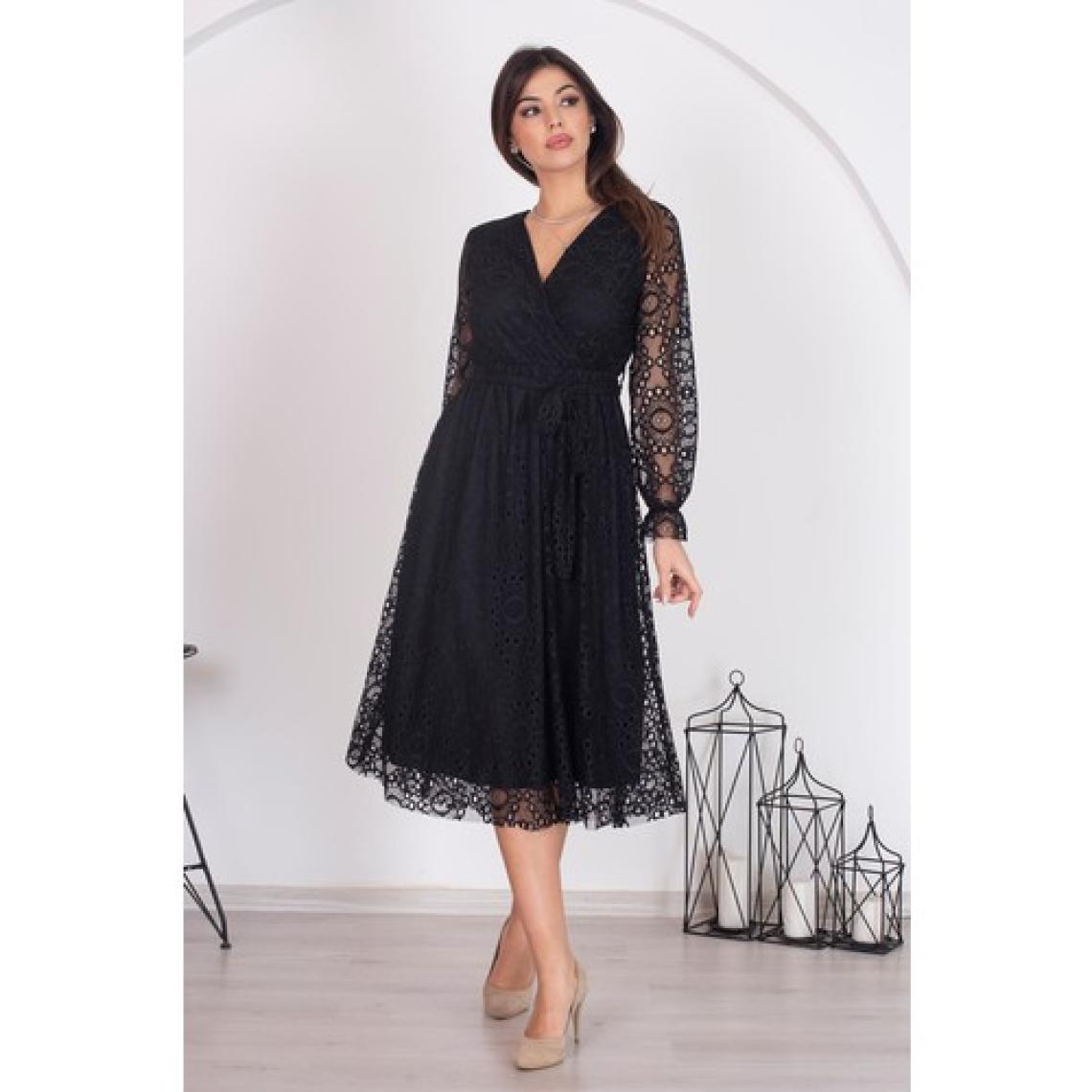 Neşeli Butik Kadın Siyah Kuşaklı Kruvaze Yaka Astarlı Dantel Elbise RSSN31