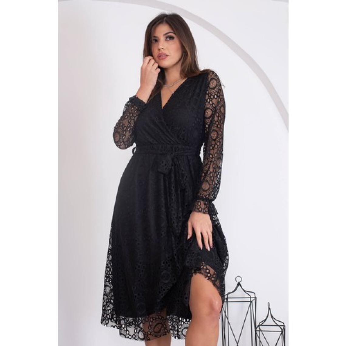 Neşeli Butik Kadın Siyah Kuşaklı Kruvaze Yaka Astarlı Dantel Elbise RSSN31