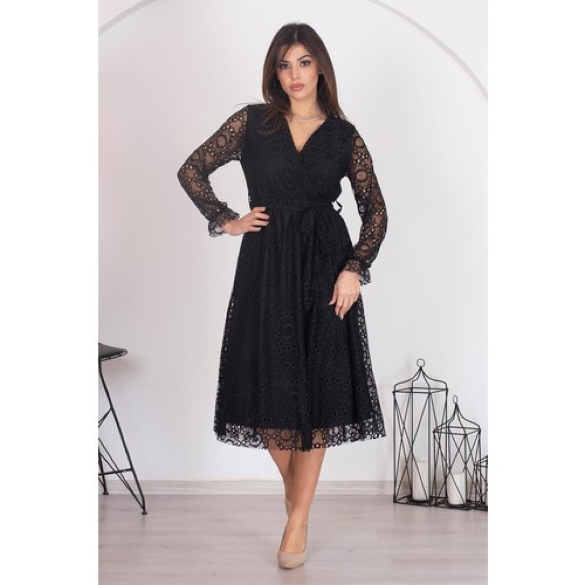 Neşeli Butik Kadın Siyah Kuşaklı Kruvaze Yaka Astarlı Dantel Elbise RSSN31