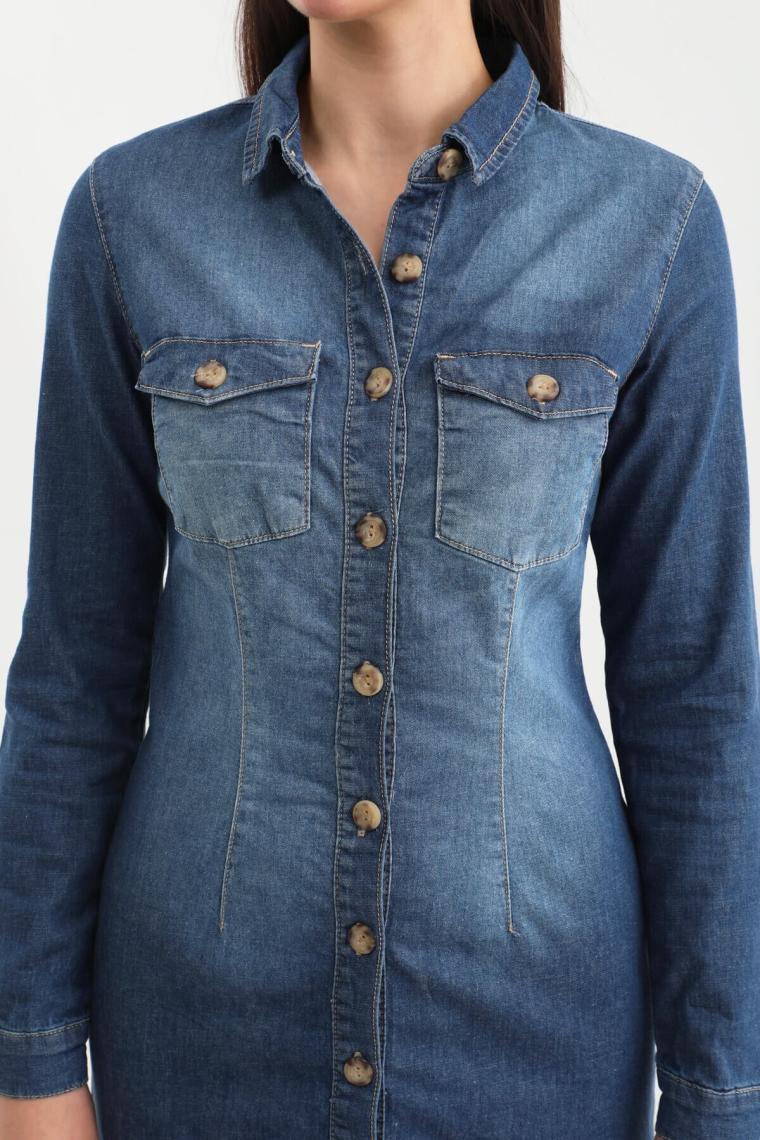 Blue White Kadın Uzun Kollu Düğmeli Jean Elbise Açık Mavi