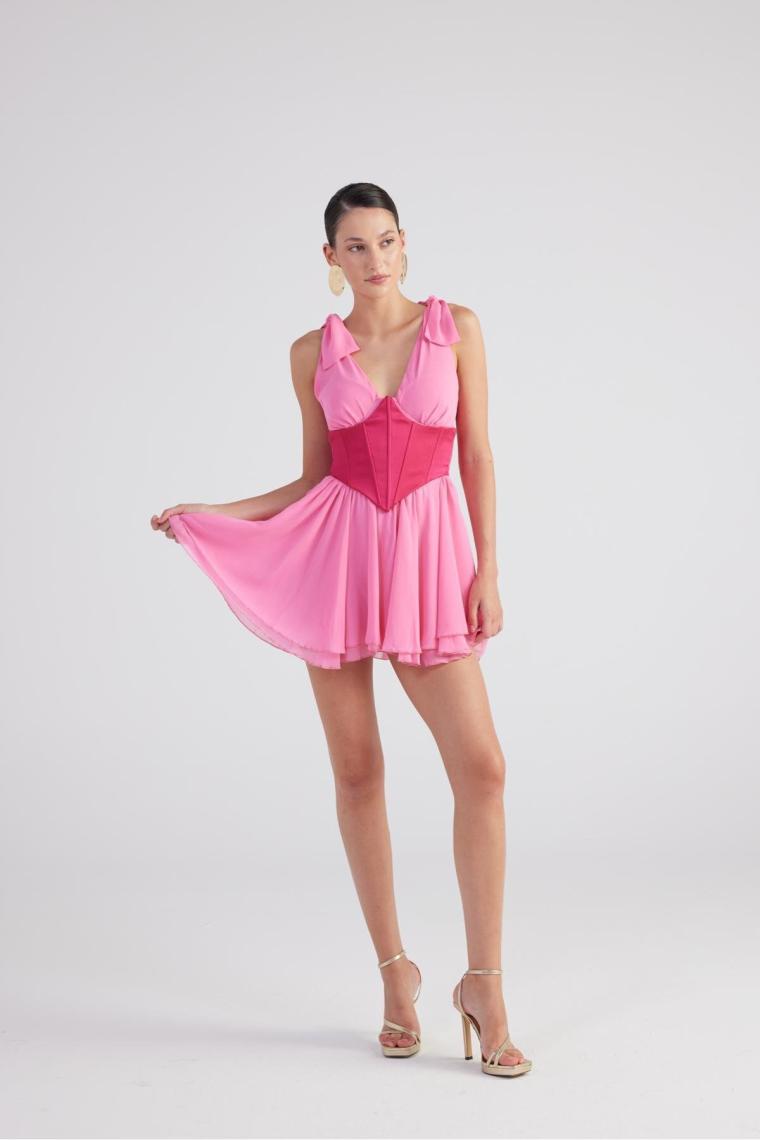 Holly Lolly Çıkarılabilir Korseli Gloplu Mini Şifon Fiona Elbise Pembe
