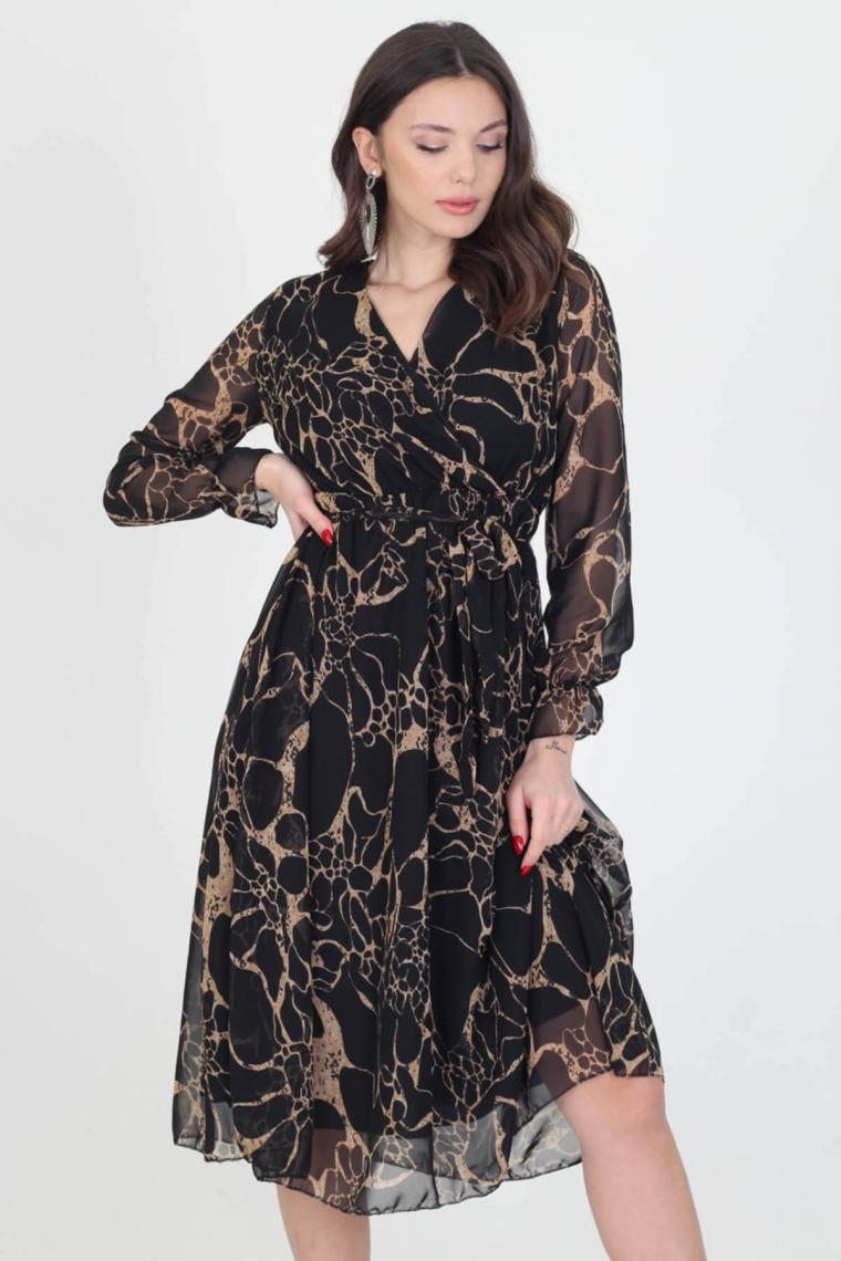 Neşeli Butik Kadın Astarlı Yeni Sezon Kruvaze Yaka Midi Boy Şifon Elbise RSSN06