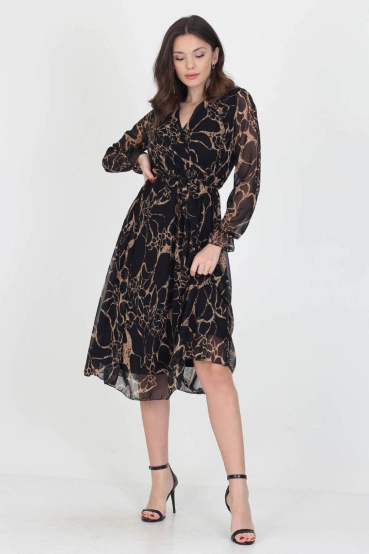 Neşeli Butik Kadın Astarlı Yeni Sezon Kruvaze Yaka Midi Boy Şifon Elbise RSSN06