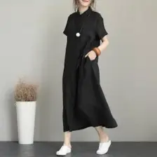 Barbora Keten Günlük Kısa Kol Tam Boy Yazlık Salaş Kadın Elbise LN245SYH2