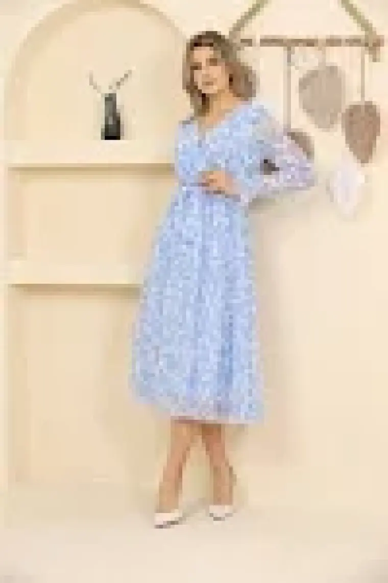 Neşeli Butik Kadın Mavi Desenli Şifon Elbise RSSN32