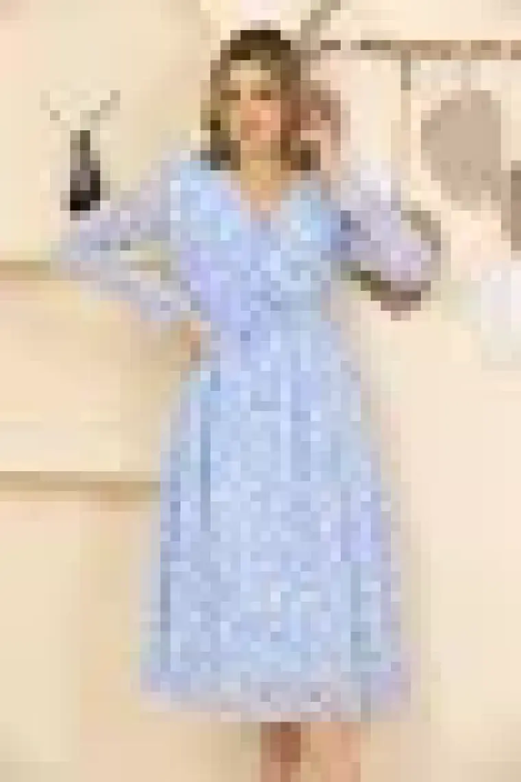 Neşeli Butik Kadın Mavi Desenli Şifon Elbise RSSN32