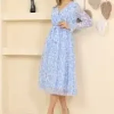 Neşeli Butik Kadın Mavi Desenli Şifon Elbise RSSN32