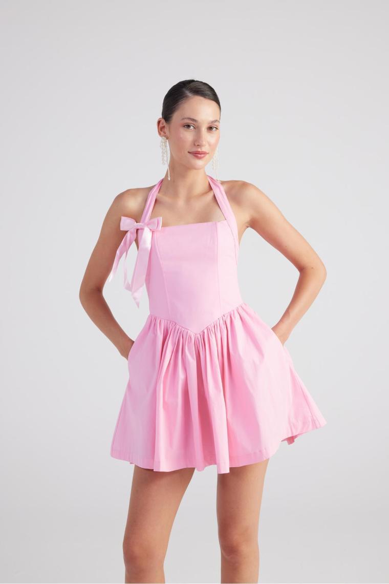 Holly Lolly Boyundan Askılı Çıkarılabilir Kurdeleli Mini Teresa Elbise Pembe