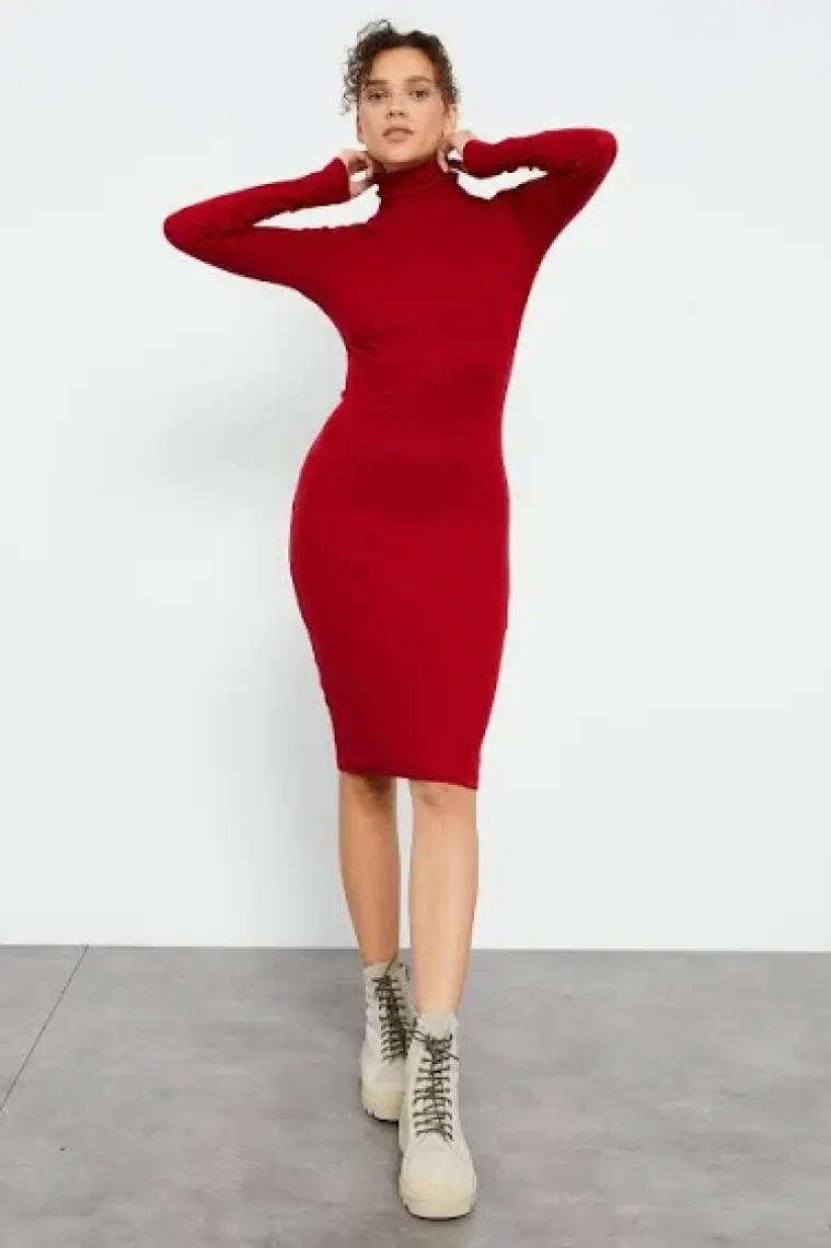 Tommy Life Bordo Kaşkorse Triko Dar Kalıp Balıkçı Yaka Kadın Elbise - 97117