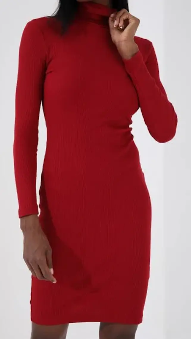 Tommy Life Bordo Kaşkorse Triko Dar Kalıp Balıkçı Yaka Kadın Elbise - 97117