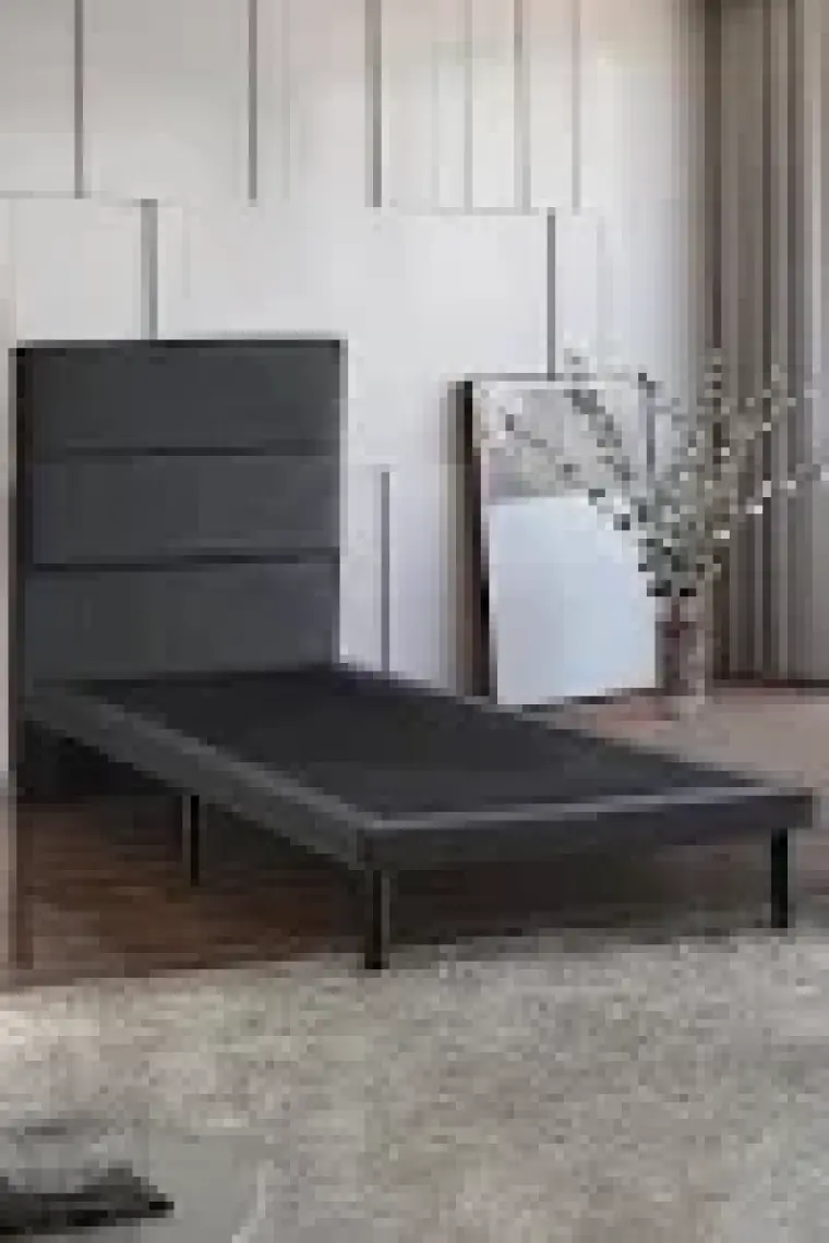 Niron Yatak Niron Slim Baza ve Başlık Takımı 80X180 Tek Kişilik Gri Kumaş Kaplı Metal Karyola ve Başlık Seti