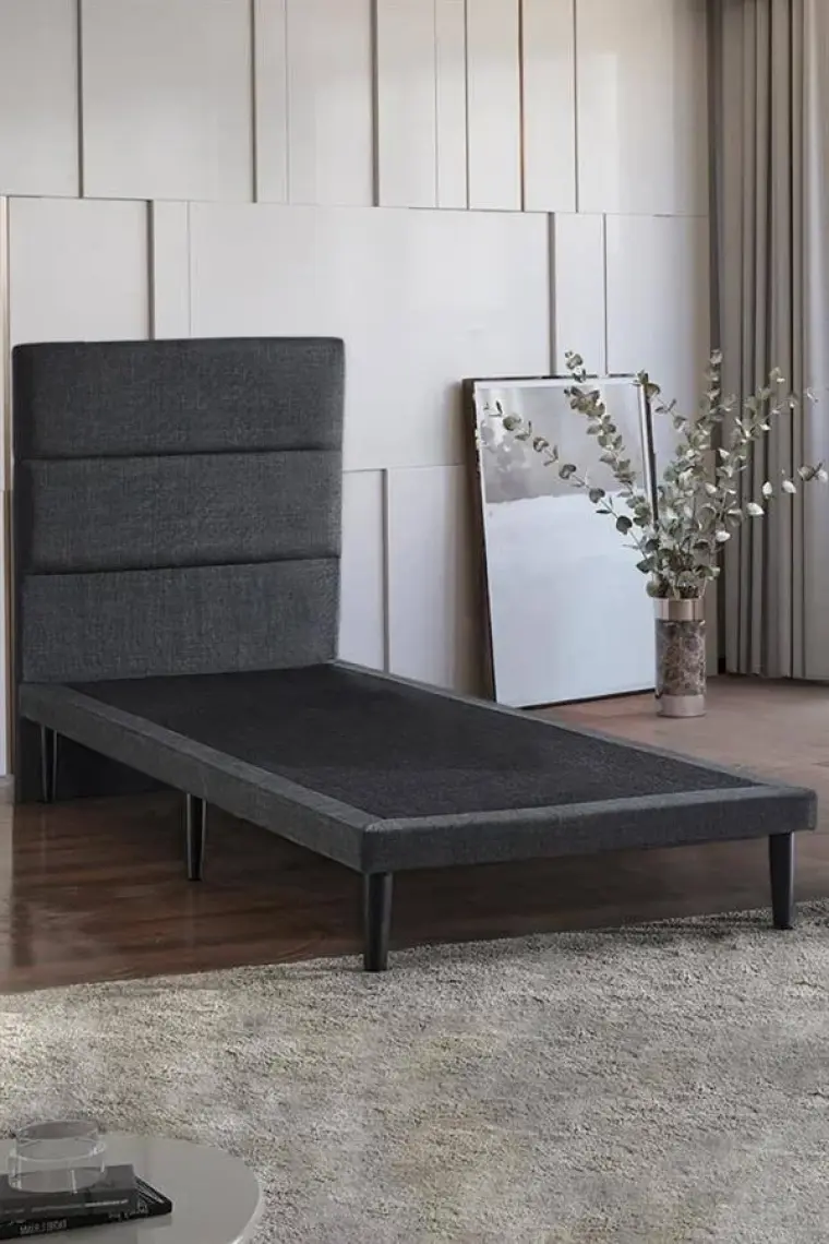 Niron Yatak Niron Slim Baza ve Başlık Takımı 80X180 Tek Kişilik Gri Kumaş Kaplı Metal Karyola ve Başlık Seti