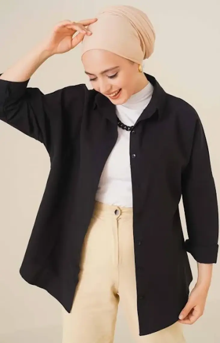 Bigdart 103901 Oversize Basic Tesettür Gömlek - Siyah